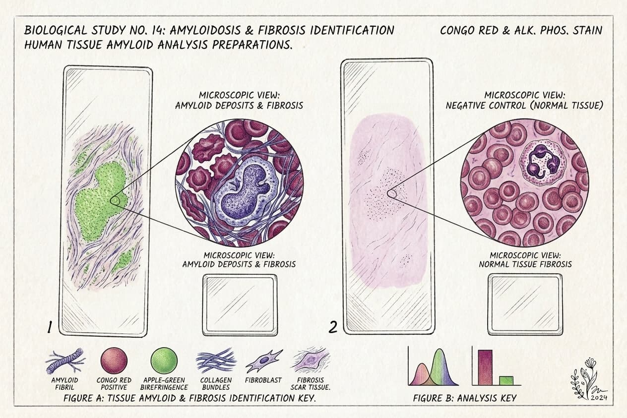 Biological Study No. 14 โ Amyloidosis & Fibrosis Identification. Microscopic views showing amyloid deposits and fibrosis (left) vs. normal tissue control (right). Congo Red & Alkaline Phosphatase stain.